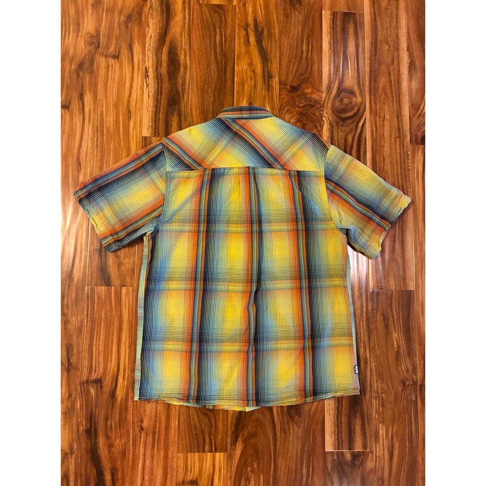 KAVU Mens Short Sleeve Plaid Button Down Shirt Yellow Blue Orange Large - Picture 3 of 6